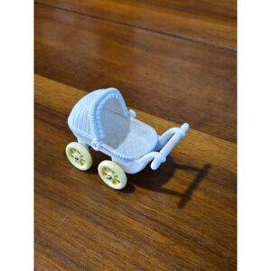 Vintage Toy Baby Doll Carriage Pram White Yellow Wheels Miniature Playset